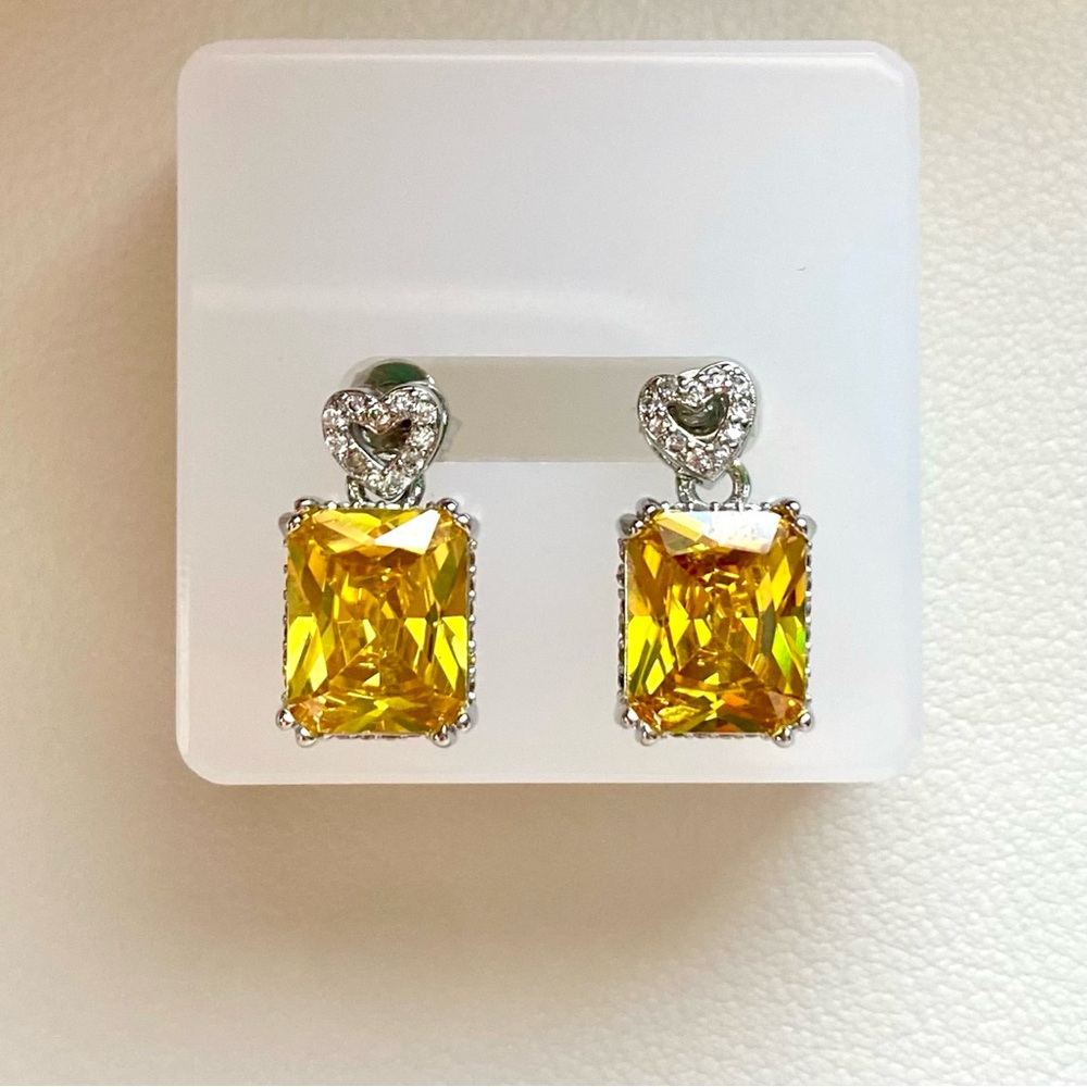 Heart Top Yellow Crystal Drop Earrings